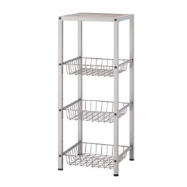 TRINITY 4-Tier Freestanding Metal Shelving Rack with Wire Baskets, Wood Top, and Adjustable Feet, 12"x12"x30", Champagne + Classic Gray Top