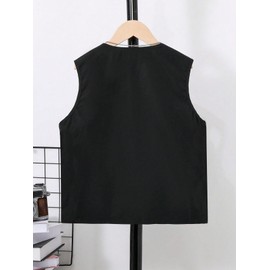 Verdusa Boy's Pocket Front Buckle Sleeveless Cargo Vest Jacket Black 10Y