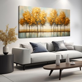 Large Size Canvas Painting Yellow Forest Theme Decorative Painting with Frame Can be Directly Hanging Wall Decorative Painting for Living Room Bedroom Office Room Decor Painting Artwork Size 30x60