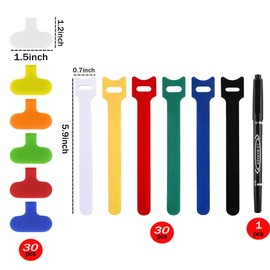 60 Pack Cable Labels & Cord Organizer Kit – Color-Coded Write-On Wire Labels with Marker + 30 Ties for Home Office Electronics Cord Management
