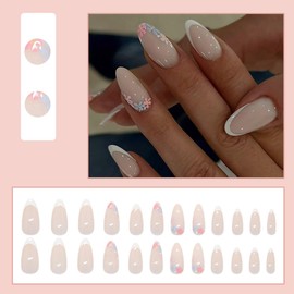 BQZQPAMZ 24pcs White French Tip Press on Nails with Glue Flower Short Almond Shape Fake Nails White Gloss Glue on Nails Reusable Full Cover Acrylic Nails for Women Summer Nail Art Supplies