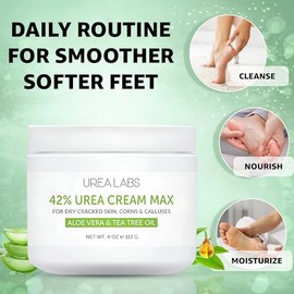Crema de urea 42% MAX con aceite de árbol de té y aloe vera, fórmula de máxima resistencia para talones agrietados, callos gruesos y piel áspera seca 