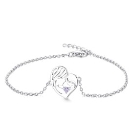 YL Bracelet Mother and Daughter 925 Sterling Silver Cut 12 Birthstone Cubic Zirconia Heart Bracelet for Mother Women, Sterling Silver, Alexandrite
