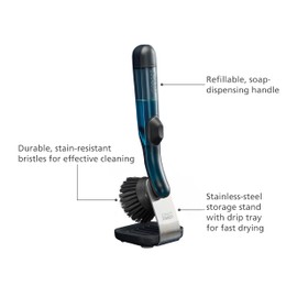 Joseph Joseph SinkTech Refillable Soap-Dispensing Dish Brush with Stainless Steel Storage Stand Drip Tray