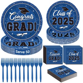 QZYL 50 SET Graduation Plates and Napkins 2025 and Forks, Blue Graduation Paper Plates Class of 2025, Disposable Blue Plate and Napkins Party Supplies Decorations Class of 2025