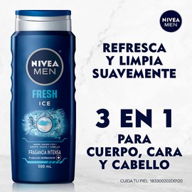 NIVEA MEN Jabón Líquido Corporal 3 en 1 Fresh Ice (500 ml) jabón Antibacterial para Cuerpo, Rostro y Cabello