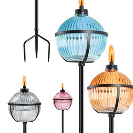 XINWXSS Citronella Torches Set of 4, Large Capacity 16 oz Outdoor Glass Torch Garden Décor，58.6 - Inch Upgraded Citronella Torches with 3-Prong Grounded Stake for Yard, Patio, Gatherin