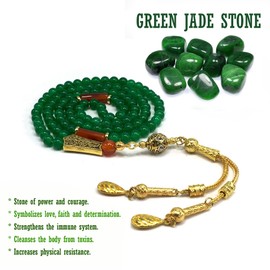ALBATROSART Special Prayer Beads Series -99 beads- Tesbih Tasbih Tasbeeh Misbaha Masbaha Subha Sebha Sibha (GREEN JADE NATURAL STONE & GOLD TASSEL -6 mm 99 small beads-)