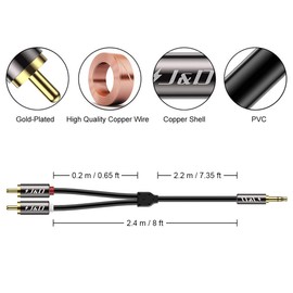 J&D RCA Audio Cable, RCA to 3.5mm, 3.5mm Male to 2 RCA Phono Male Stereo Audio Adapter Aux Cable Gold-Plated Copper Shell Heavy Duty, 3.5 to RCA Short, Red White to Aux Cable, 8 Feet