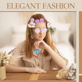 HenSan 6PCS Hippie Costume Accessories Set, 60s70s Retro Hippie Glasses Peace Sign Earrings and Necklace Sunflower Hair Band(Light Purple)
