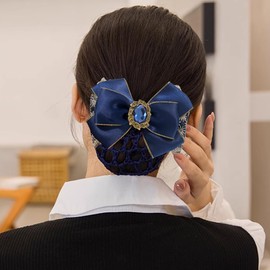 Bowknot Hair Snood Net Created With Lace Barrette Bun Cover Bow Hair Clip Barrette With Net Headdress for Lady Women Dancer Office (Blue, One size)
