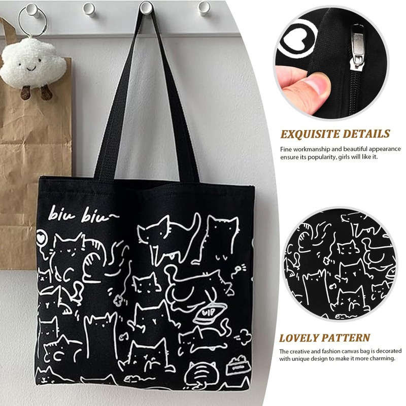 Eowppue Charming Canvas Tote Bag with Cute Cat Pattern, Versatile