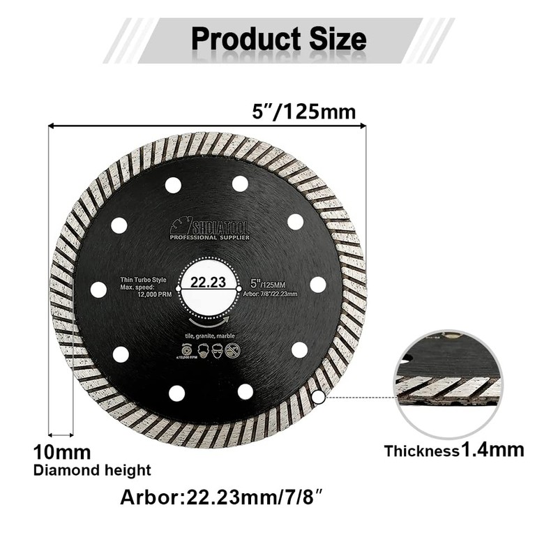 SHDIATOOL Super Thin Diamond Turbo Blade 5 Inch Cutting Porcelain