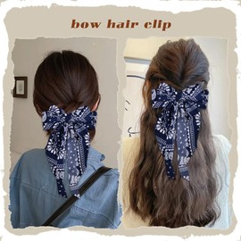 Ethnic Boho Hair Bow Barrettes Large Bandana Satin Navy Blue Bow Hair Clips with Long Tail Ribbon Ponytail Holders Rural Vintage Hair Accessories Headwear for Women