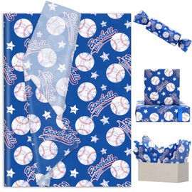 JarThenaAMCS 60 Sheets Baseball Tissue Paper Blue Sports Ball Gift Wrapping Paper for DIY Art Crafts Birthday Holiday Party Decor Supplies, 14 x 20 Inch
