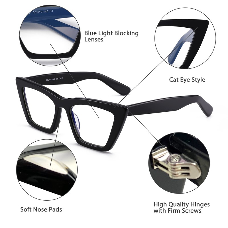 GLINDAR Cat Eye Blue Light Locking Glasses Vintage Narrow Square