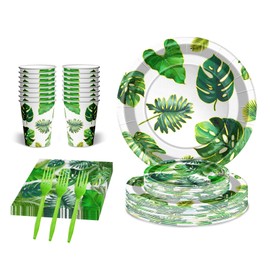 84Pcs Hawaiian Luau Party Supplies Set Tropical Green Palm Leaf Disposable Plates Cups and Napkins Disposable set for Summer,Beach (Palm Leaf)