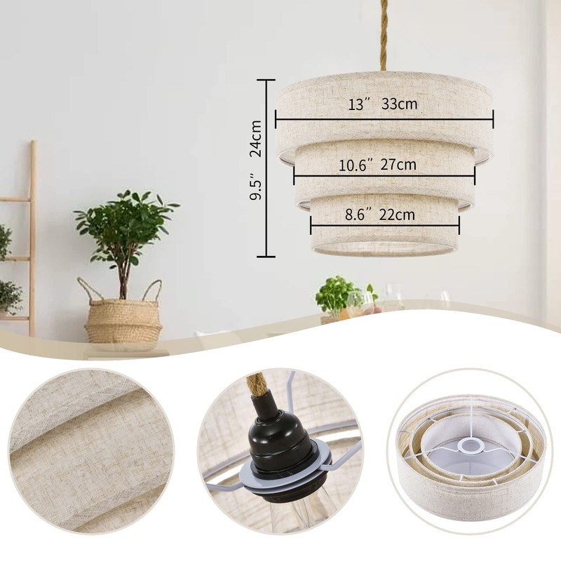 XININSUN 3-Tier Drum Linen Plug in Pendant Light with15ft Hemp