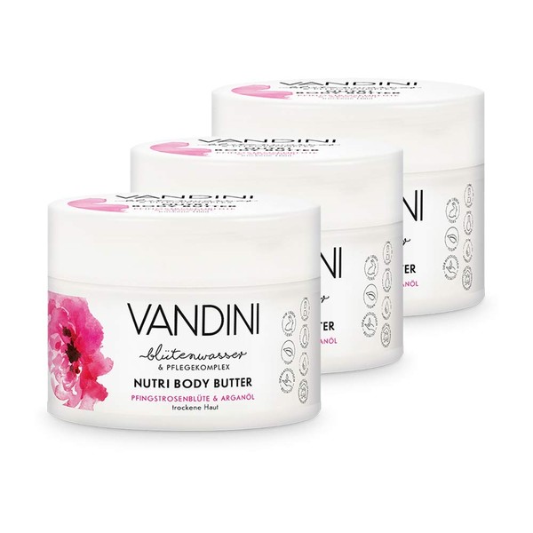 VANDINI Nutri Body Butter Women with Peony Blossom & Argan Oil - Body Cream as Body Cream & Face Cream for Dry Skin - Vegan Body Cream for Women in Pack of 3 (3 x 200 ml)
