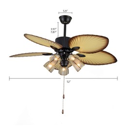TFCFL 52Inch Palm Ceiling Fan Lights 3 Speed Remote Premium Light Fixtures 5 Lights 5 Palm Blades Tropical Ceiling Fan with Remote Control Decorations for Living Room Indoor Outdoors Chandelier Fan