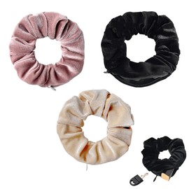 OUDQFCJ Pack of 3 Velvet Scrunchies with Hidden Zip Pocket, Elastic Hair Bands, Hair Bobbles for Girls and Women