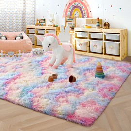 ISEAU Rainbow Rug for Girls Bedroom, 4 x 6 Feet Fluffy Area Rugs for Living Room, Ultra Kawaii Abstract Shaggy Colorful Carpet, Fuzzy Cute Unicorn Rug for Kids Girl Room Decor