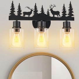 Monyohame Rustic Bathroom Light Fixtures, 3-Light Black Vanity Lights with Farmhouse Deer Design, Clear Glass Shade, Bathroom Wall Lamp for Mirror Kitchen, Living Room, Hallway, Cabinet, Porch