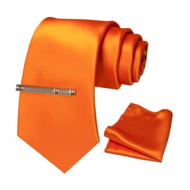 JEMYGINS Men's Satin Tie Set Tie & Pocket Square & Tie Clip, Orange (orange 2)