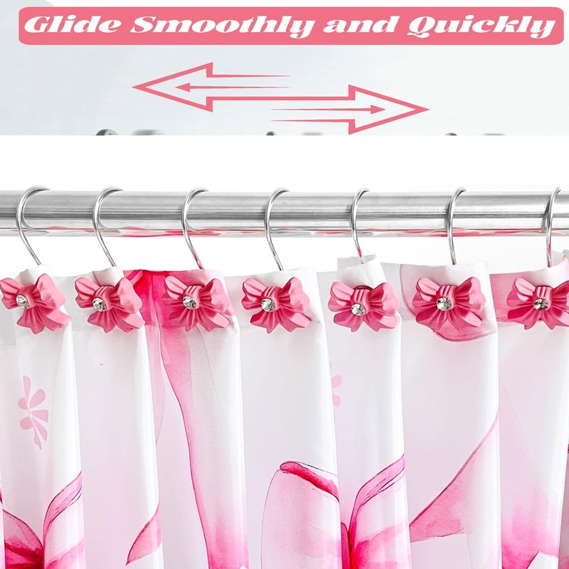 12PCS Decorative Shower Curtain Hooks with Shining Diamond,Rust Resistant Pink