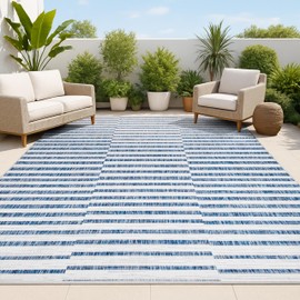 JONATHAN Y Offset Stripe Indoor Outdoor Area Rug 8X10 Ivory/Blue, Sukie Modern for Backyard, Patio, Porch, Easy-Cleaning, High Traffic, Pet-Friendly, Non-Shedding (SMB133C-8)