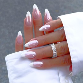 White French False Nails Almond Nails Plating Fake Nails Press on Nails Medium Artificial Acrylic Nails Solid Color French Stick on Nails Full Cover Reusable Coffin Nails Glue on Nails for Women