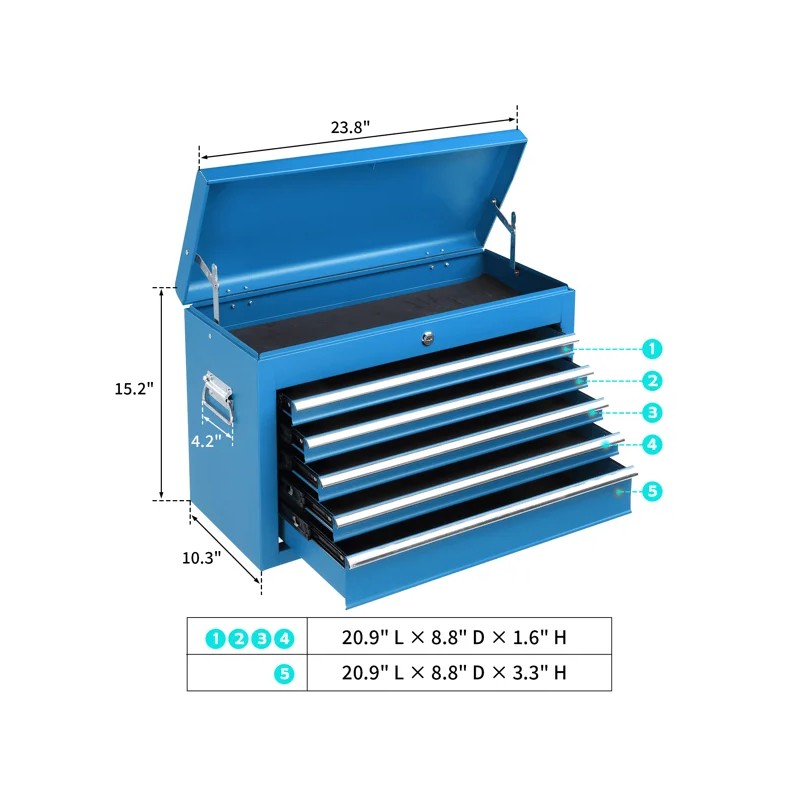 Blue 5-Drawer Lockable Steel Tool Chest Heavy Duty 330 Lbs
