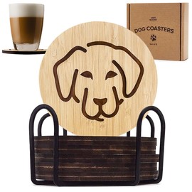 Set of 6 Bamboo Coasters with Holder - 3.9" Fun Dog Coasters - Non-Stick Absorbent Engraved Laser-Cut Coasters with Dog Face - Durable, Washable - Designed in The U.S. (Labrador)