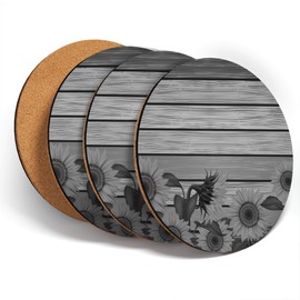 Destination Vinyl ltd Great Coasters (Set of 4) Round - BW - Sunflowers on Rustic Wood Flowers Sun Drink Glossy Coasters/Tabletop Protection for Any Table Type #42116