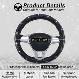 BJSIA Diamond Leather Steering Wheel Cover for Women and Girls, Universal Car Steering Wheel Protector with Anti-Slip Soft Interior Accessories(Black)