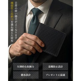 Casheey Men's Bifold Wallet, Holds 14 to 16 Cards, Large Capacity, Includes Box-shaped Coin Purse, Carbon Leather, Genuine Leather, Folding Wallet (14 Card Pockets, Carbon Black x Orange), Black x