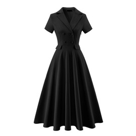 Bridesmay Women's 1950s Vintage Cocktail Dresses, Collar Short Sleeve Black Modest Midi A-Line Work Church Tea Party Dress (Black, L)