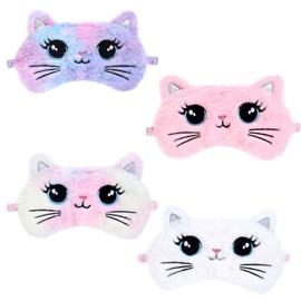 Oruola 4pcs Kids Eye Mask,Sleeping Mask Kids,Cute Cat Sleep Masks,Comfortable Sleeping Plush Blindfold Satin Back Faux Fur Masks for Kid Women Men Travel Nap 4 Color
