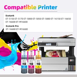 JoyPrinting 113 Pigment Ink Bottle Replacement for Epson 113 Compatible with Epson EcoTankECOTANK ET-5150 ET-5170 ET-5800 ET-5850 ET-5880 ET-16150 ET-16650 ET-16600 Ecotank Pro ET-16680 (C/M/Y, 3-PK)