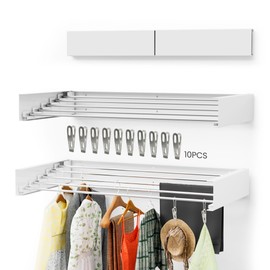 Foldable Wall Mounted Drying Rack 80lb Capacity, Clothes Drying Rack Wall Mounted with 10 Clothing Pins, Drying Rack Clothing Wall mounted, Aluminum Laundry Rack Wall Mounted for Towels, Linens & More