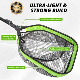 Floating Fishing Net, Collapsible Landing Net, Fish Net with Rubber Coated Polyethylene Netting for Bass, Trout, Fly Fishing, Kayak & Boat Fishing