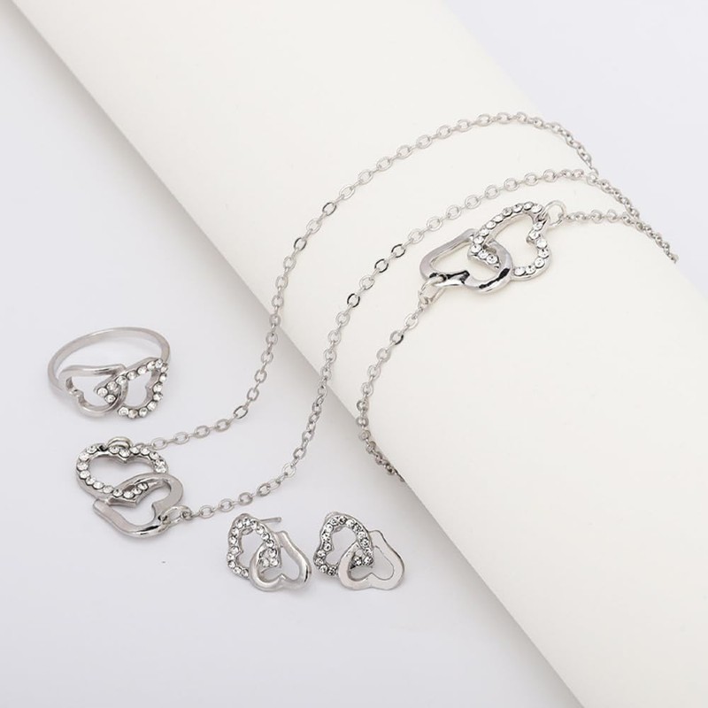 FDEETY Jewellery Set Women's Double Heart Crystal Pendant Necklace Stud