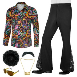 BONGZUO 70s Outfits for Men 6 Pcs Disco Outfit Retro Costume with Bell Bottom Pants(Z3737STBK,M)