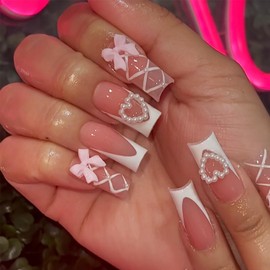 Nude White 3D Bow Pearl Heart Fake Nails Press On Nails Long Coffin Square,Glossy with Designs Full Cover Acrylic Glue on Nails Long Coffin False Nails Thick French Tip Stick on Nails for Women 24Pcs BZ1273