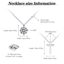 Yumilok Pendant Necklace for Women 925 Sterling Silver Solitaire cross Double Layered chain Necklace 1ct Round Cut D Color VVS1 Moissanite with box