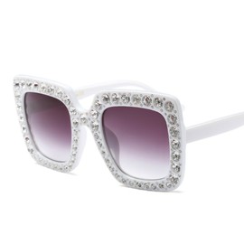 Freckles Mark Oversized Jeweled Sunglasses Squared Brand Crystal Costume Glasses (White)