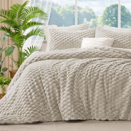 BEDELITE Fluffy Queen Comforter Set - Linen Fleece Soft Comforter for Queen Size Bed, Luxury Warm Bedding Set for Winter, Fuzzy Bed Set 3 Pieces (1 Comforter, 2 Pillowcases)