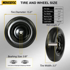 4.80/4.00-8 Tire and Wheel, 16” Wheelbarrow Tires Flat Free, with 5/8” Bearings & 3” Centered Hub, Includes 3/4” Bearings, Spacer Kit for Wheelbarrows, Garden Carts, Utility Wagons