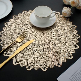 Mabbcoo Gold Round Placemats, Hollow Out Washable and Wipeable Place Mats, Pressed Vinyl Table Mats Set of 6 for Anniversary Dinner Kitchen Decorations