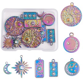 COGCHARGER 14 Pieces Moon Star Charms Pendants 304 Stainless Steel Sun with Rhinestone Rainbow Color Pendants for DIY Jewelry Necklace Earrings Making Supplies